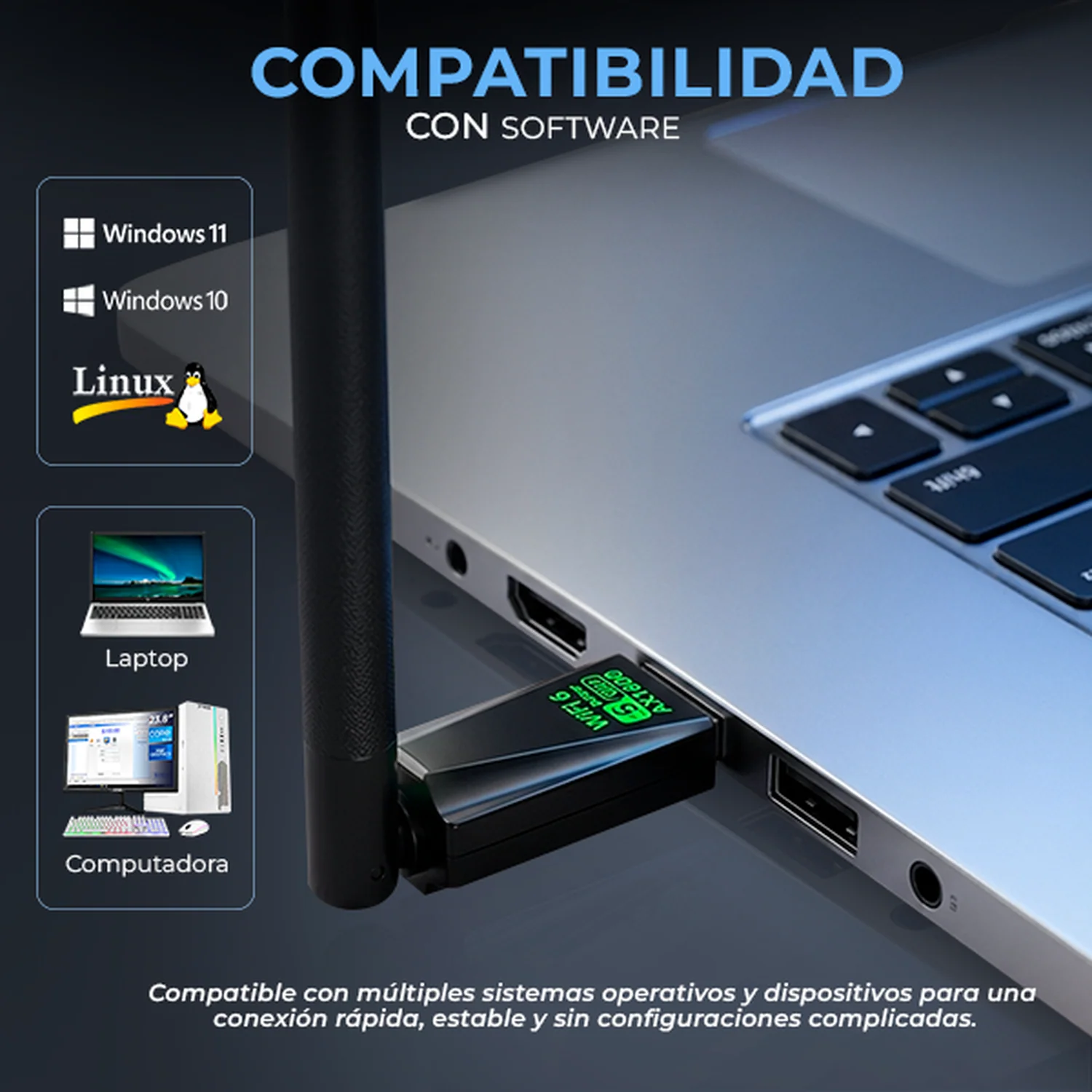 Adaptador 2 En 1 XTREME PC GAMING WiFi Bluetooth 5.3 Antena Externa USB 2.4GHz/5GHz 600mbps Doble Banda Inalambrico Plug & Play Windows/Linux NXT906BK - Image 2