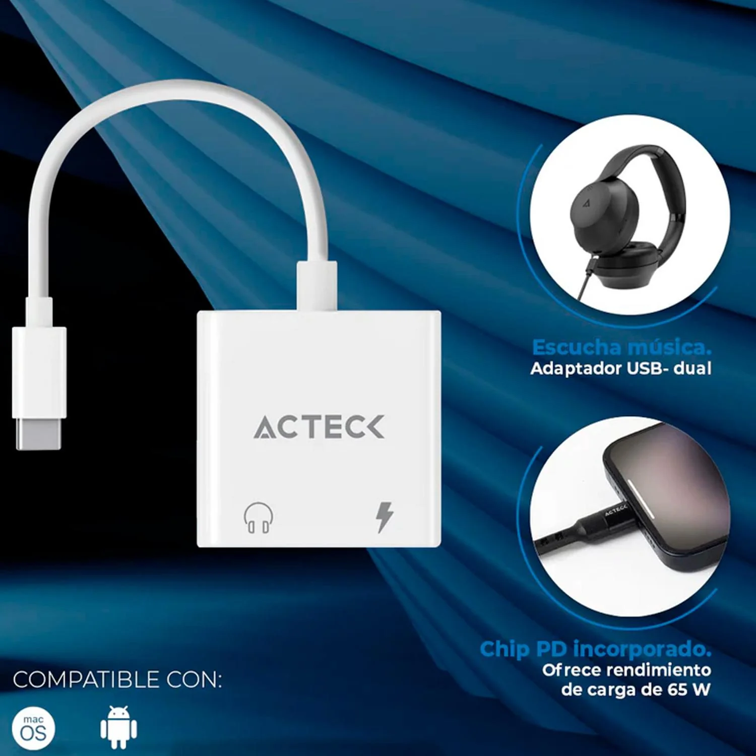 Adaptador ACTECK SHIFT PLUS AA415 USB-C 3.1 a 2x USB-C Blanco AC-939768 - Image 5