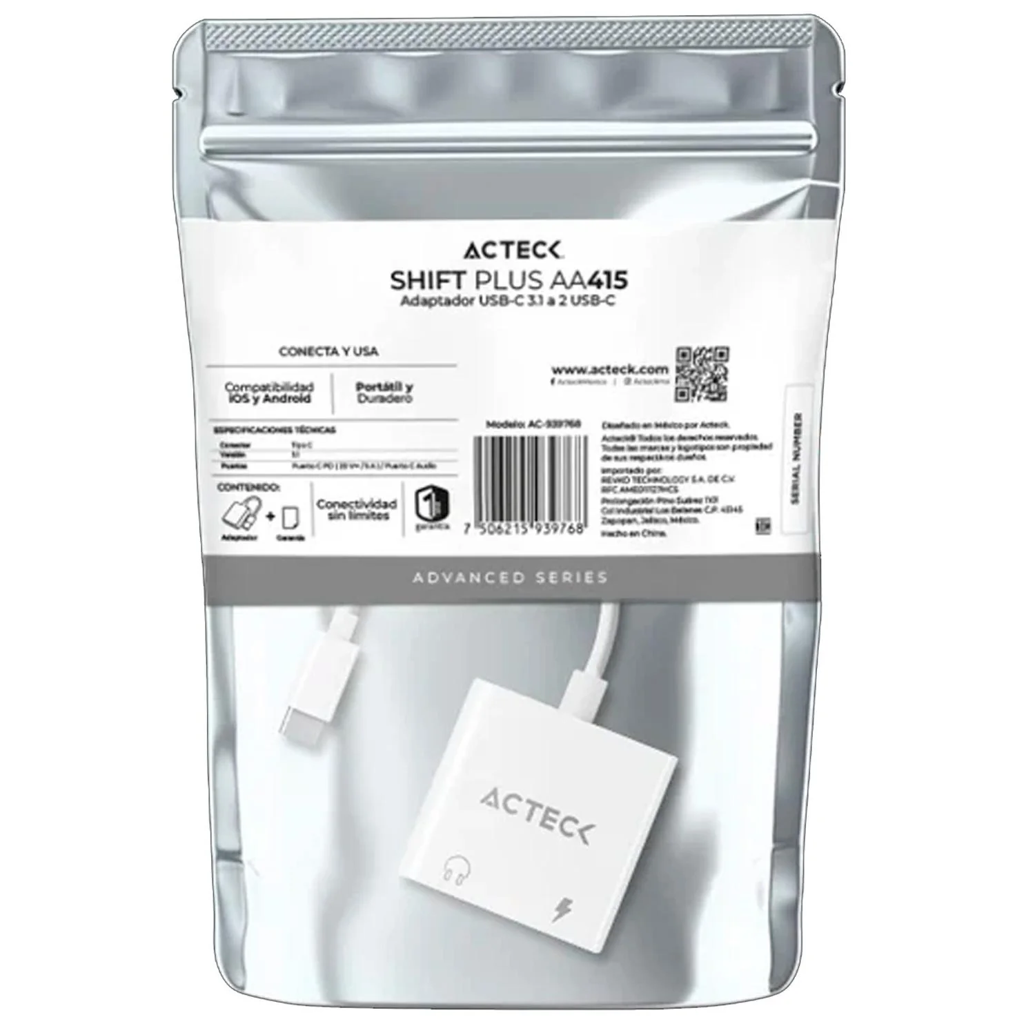 Adaptador ACTECK SHIFT PLUS AA415 USB-C 3.1 a 2x USB-C Blanco AC-939768 - Image 6