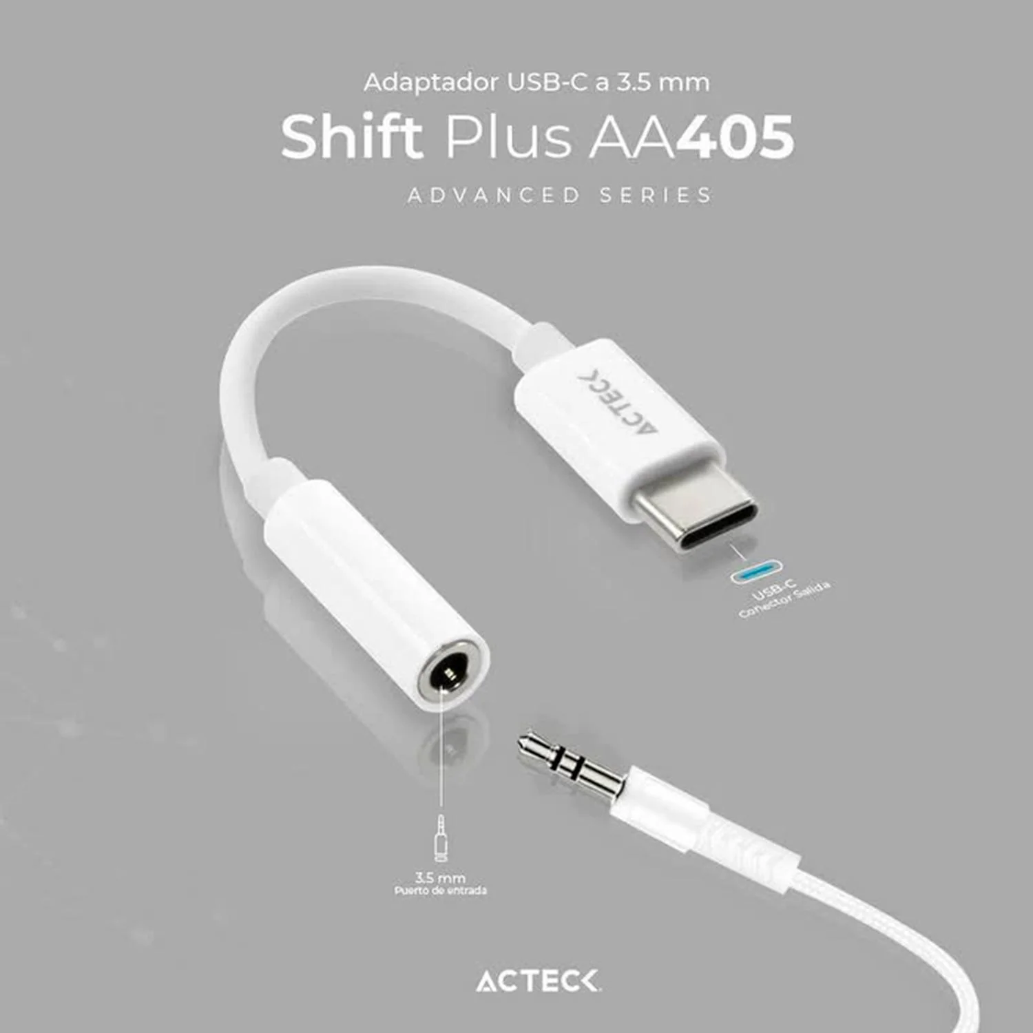 Adaptador Convertidor ACTECK SHIFT PLUS AA405 USB Tipo C a Jack 3.5mm Blanco AC-934831 - Image 2