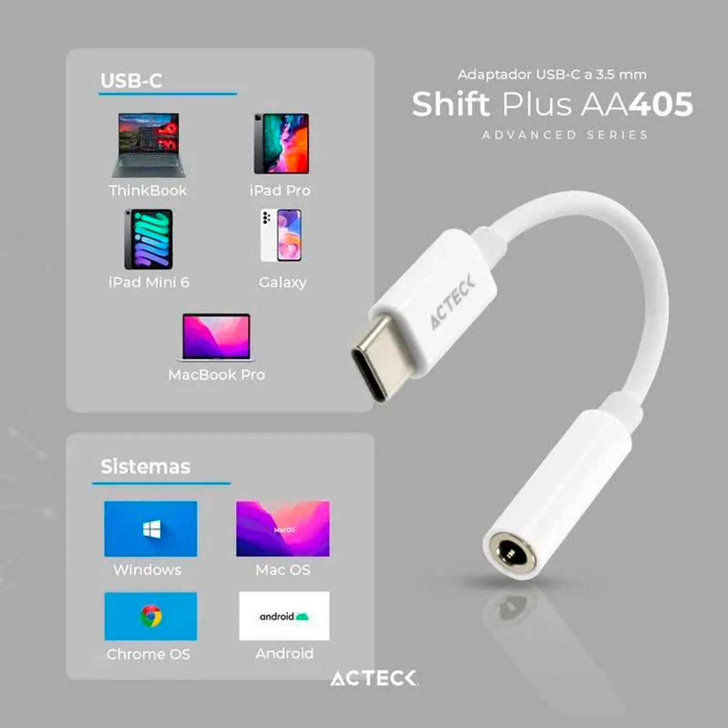 Adaptador Convertidor ACTECK SHIFT PLUS AA405 USB Tipo C a Jack 3.5mm Blanco AC-934831 - Image 3