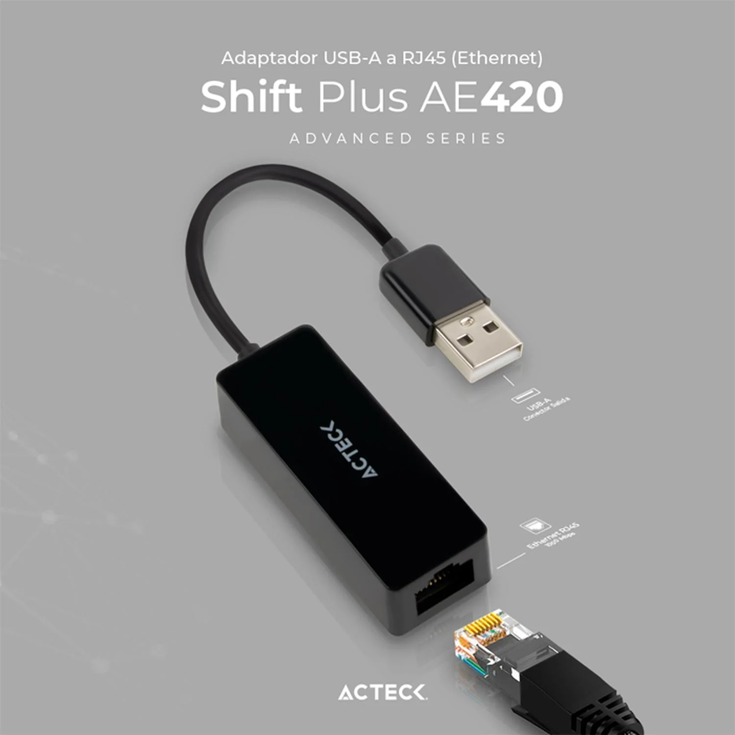 Adaptador Convertidor ACTECK SHIFT PLUS AE420 USB a Ethernet RJ45 Negro AC-934732 - Image 2