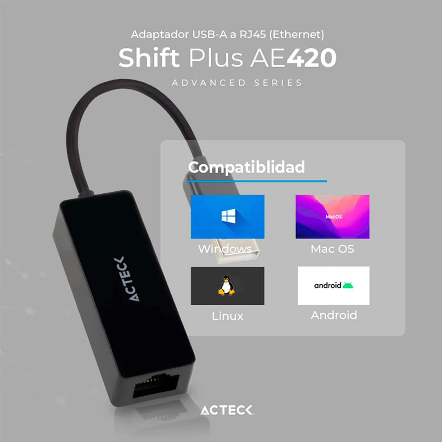 Adaptador Convertidor ACTECK SHIFT PLUS AE420 USB a Ethernet RJ45 Negro AC-934732 - Image 4