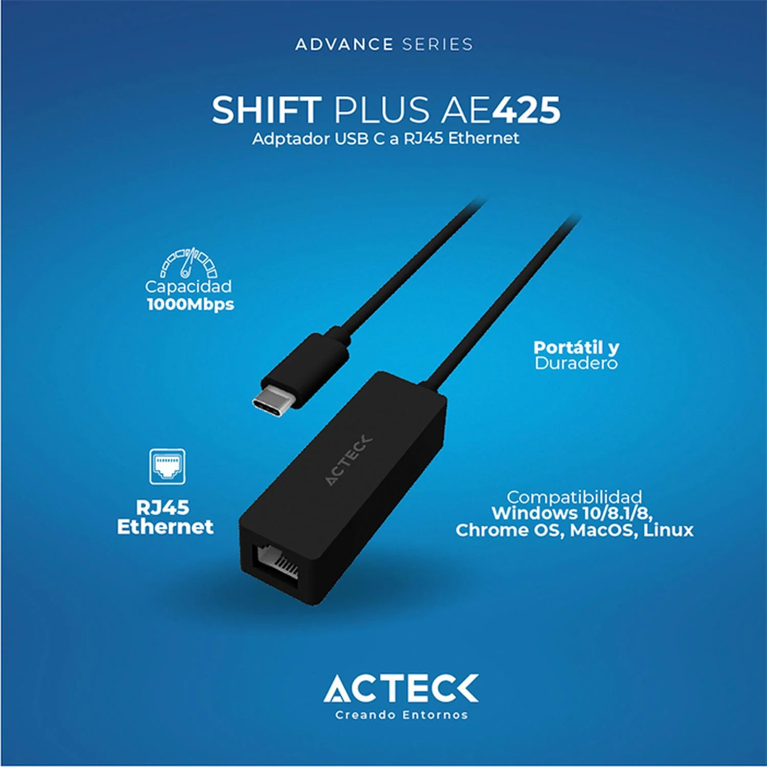 Adaptador convertidor ACTECK SHIFT PLUS AE425 USB-C a Ethernet RJ45 Negro AC-937085 - Image 3