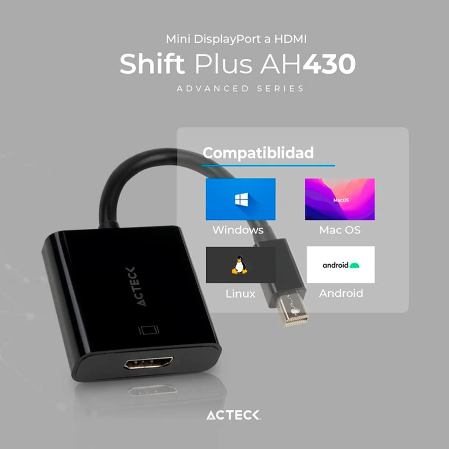 Adaptador Convertidor ACTECK SHIFT PLUS AH430 Mini DisplayPort a HDMI Negro AC-934770 - Image 4