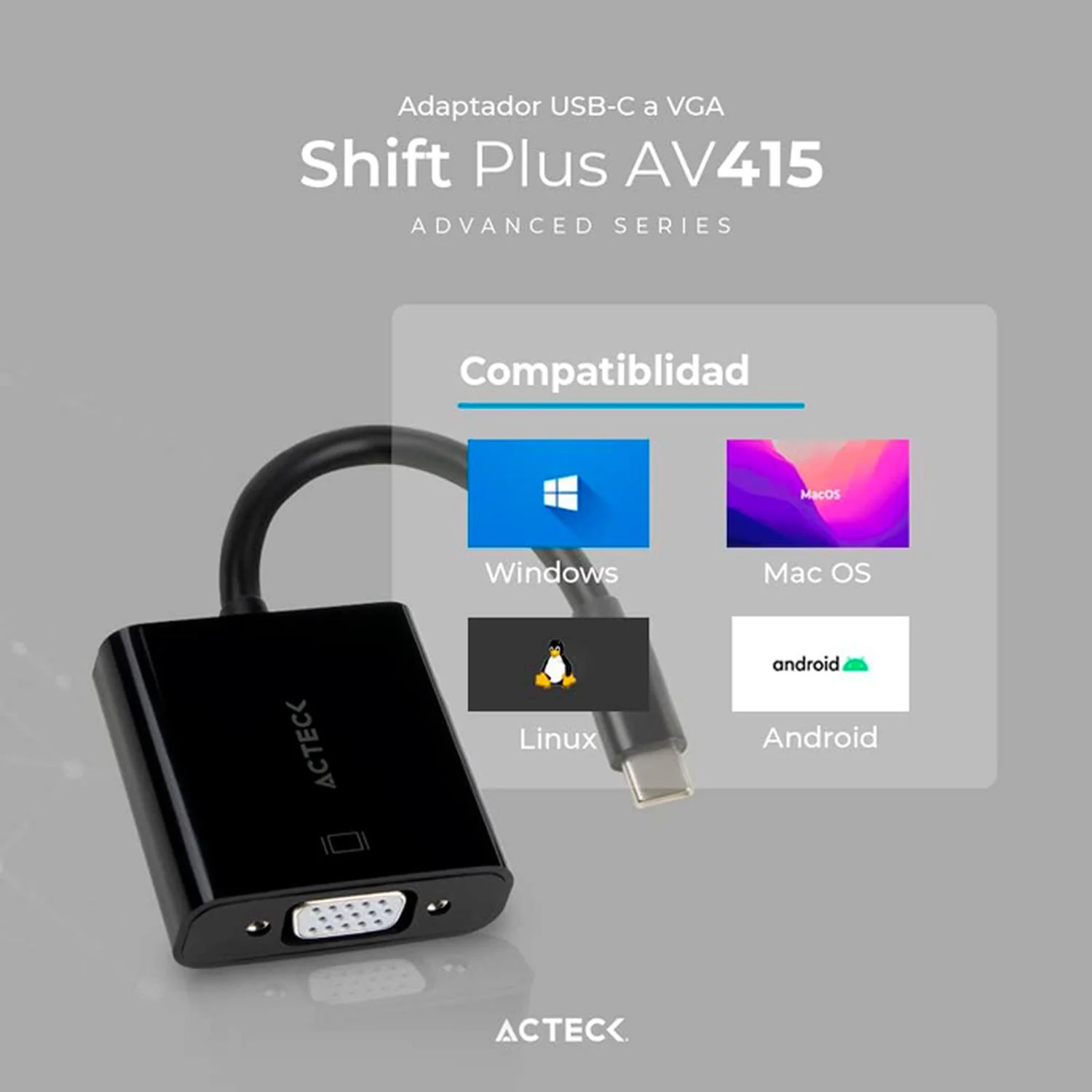Adaptador Convertidor ACTECK SHIFT PLUS AV415 USB Tipo C a VGA Negro AC-934725 - Image 4