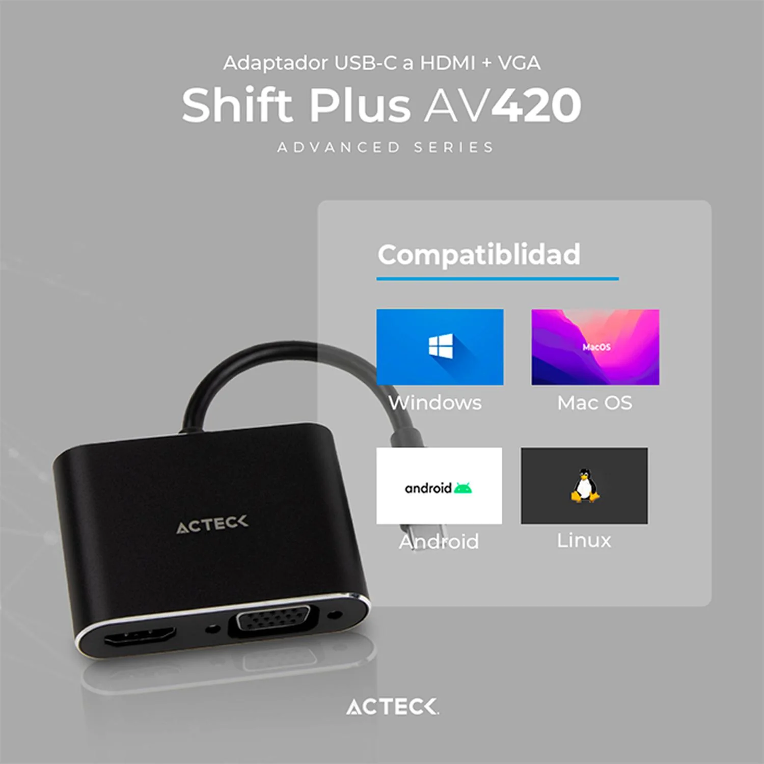 Adaptador Convertidor ACTECK SHIFT PLUS AV420 USB Tipo C a HDMI + VGA Negro AC-934657 - Image 5