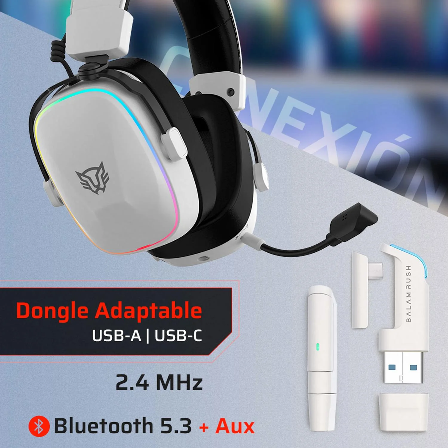 Audifonos Diadema Gamer BALAM RUSH AEON EXPERT HS1100 Inalambrico USB 2.4 GHz/BT 5.3 Microfono Desmontable Sonido 7.1 RGB Blanco BR-938518 - Image 2