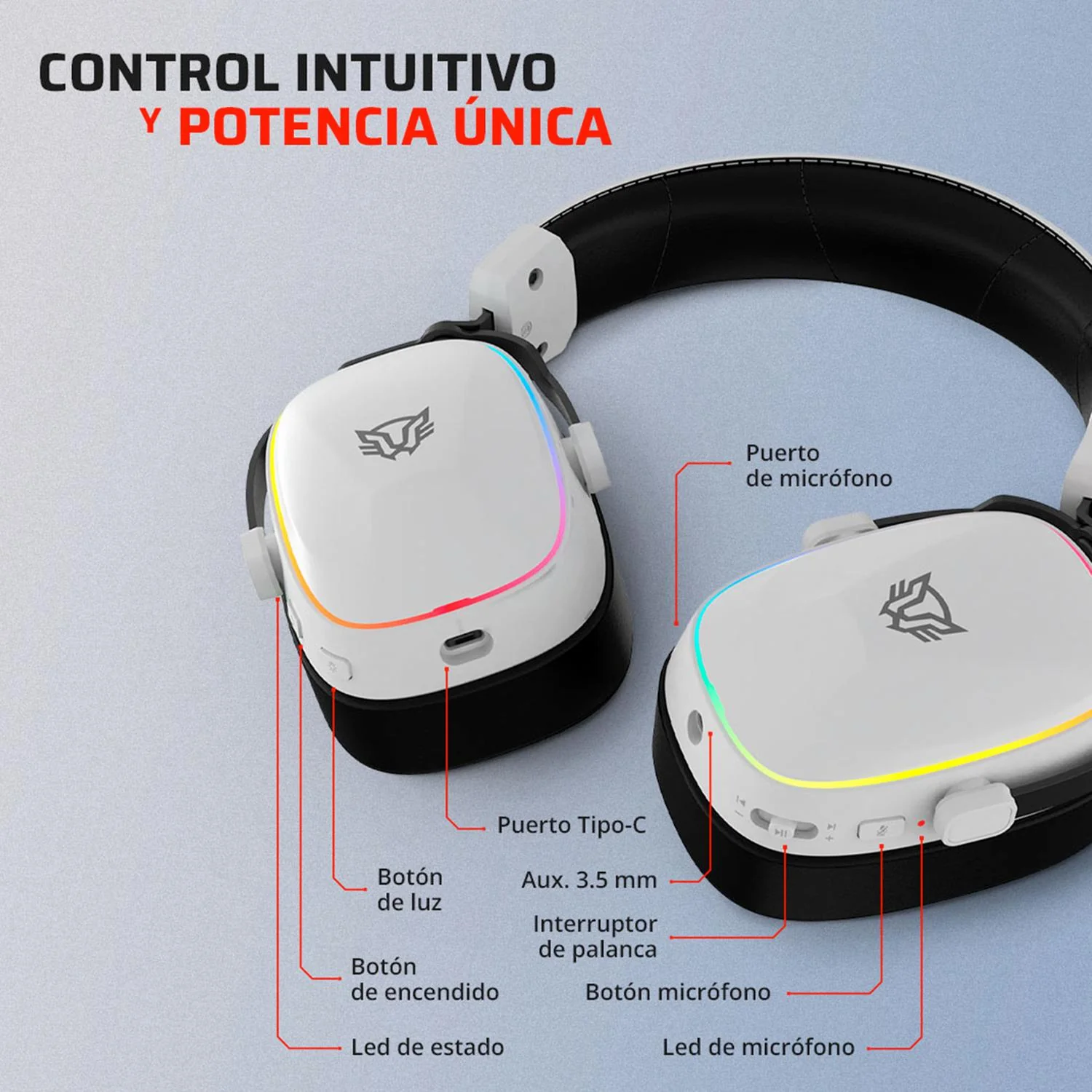 Audifonos Diadema Gamer BALAM RUSH AEON EXPERT HS1100 Inalambrico USB 2.4 GHz/BT 5.3 Microfono Desmontable Sonido 7.1 RGB Blanco BR-938518 - Image 4
