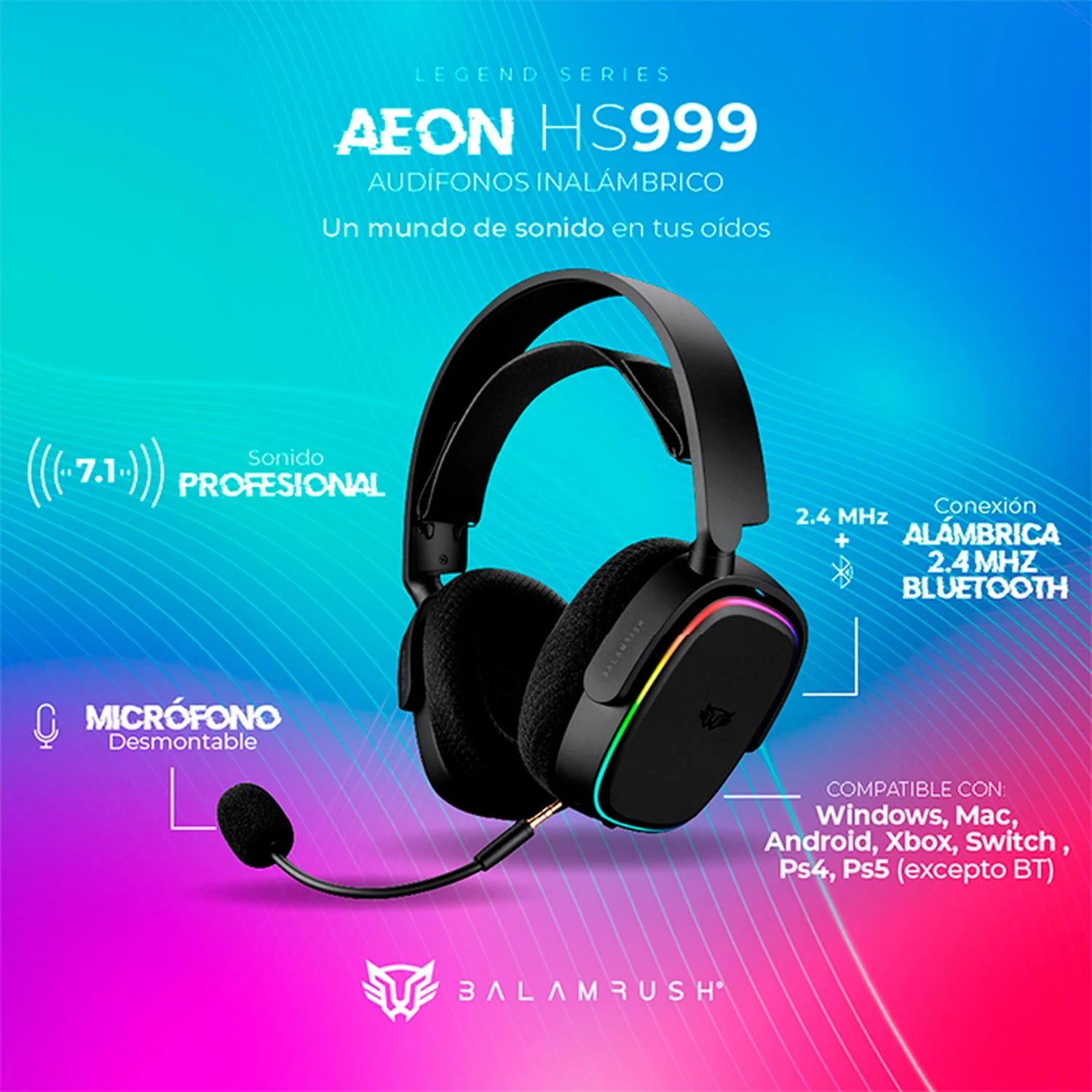 Audifonos Diadema Gamer BALAM RUSH AEON HS999 Inalambrico Microfono flexible USB RGB BR-936934 - Image 4