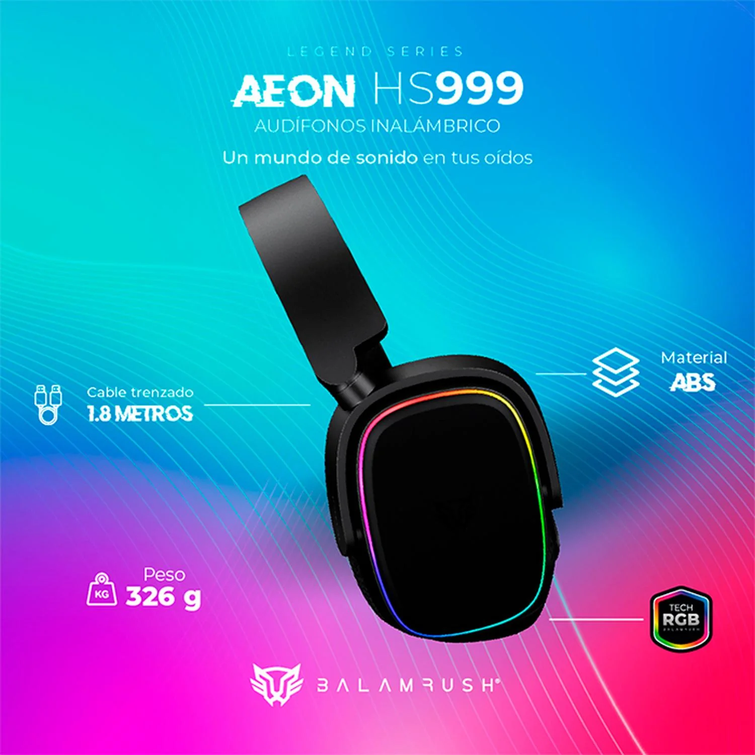 Audifonos Diadema Gamer BALAM RUSH AEON HS999 Inalambrico Microfono flexible USB RGB BR-936934 - Image 5