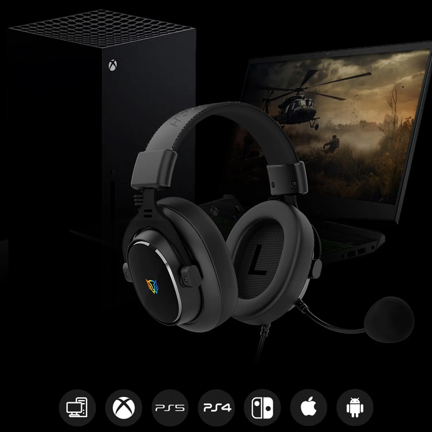 Audifonos Diadema Gamer BALAM RUSH AVIATOR EXPERT HA777 Microfono Desmontable 3.5mm + USB RGB PC Consolas Negro BR-941143 - Image 5