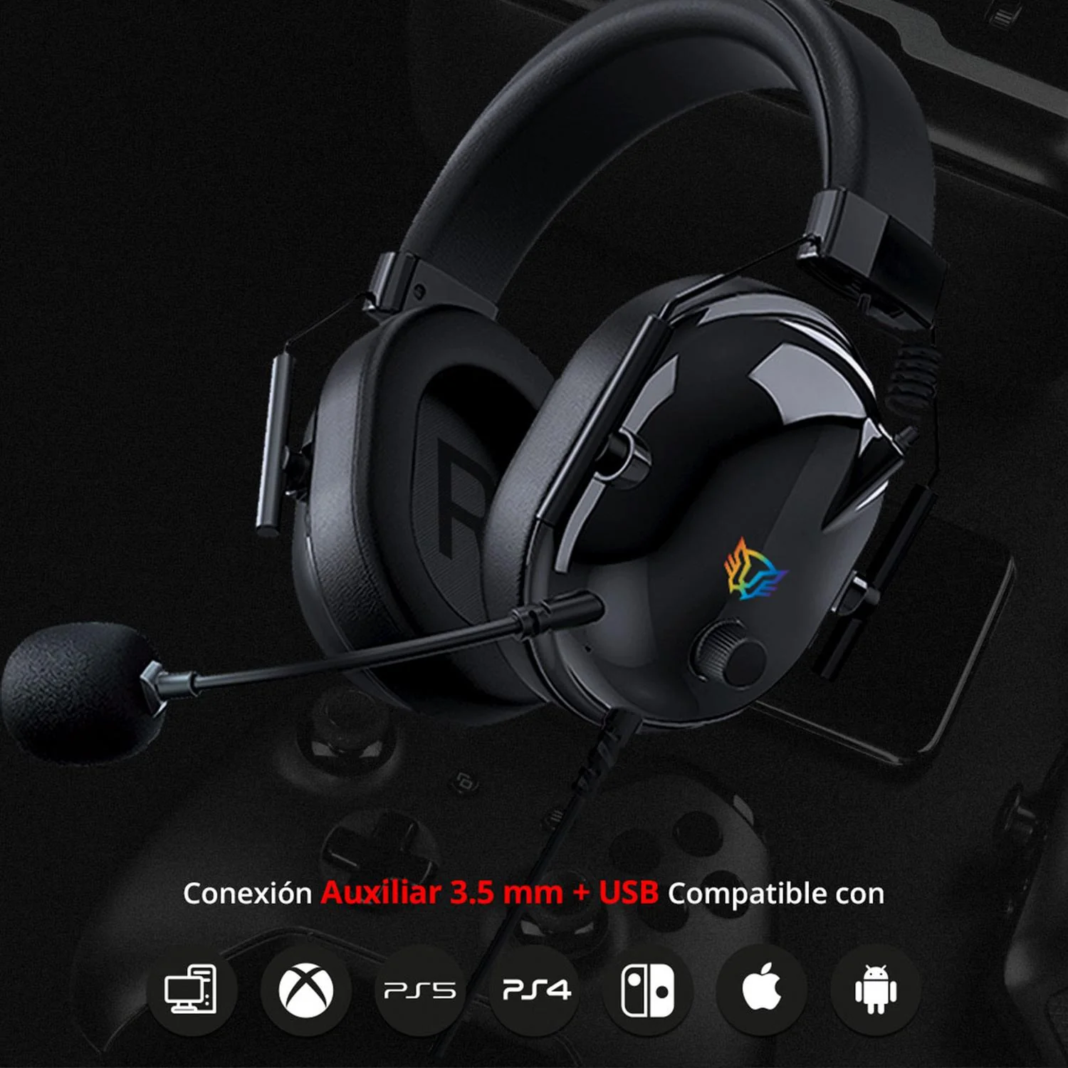 Audifonos Diadema Gamer BALAM RUSH AVIATOR LEVEL HA757 Microfono 3.5 + USB RGB Negro BR-941167 - Image 4
