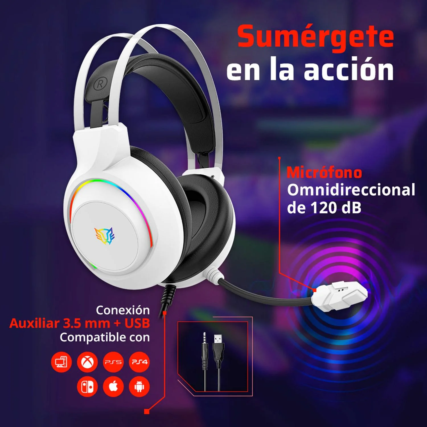 Audifonos Diadema Gamer BALAM RUSH HESIX II HS688 Microfono USB/Jack 3.5mm RGB Blanco BR-941211 - Image 3