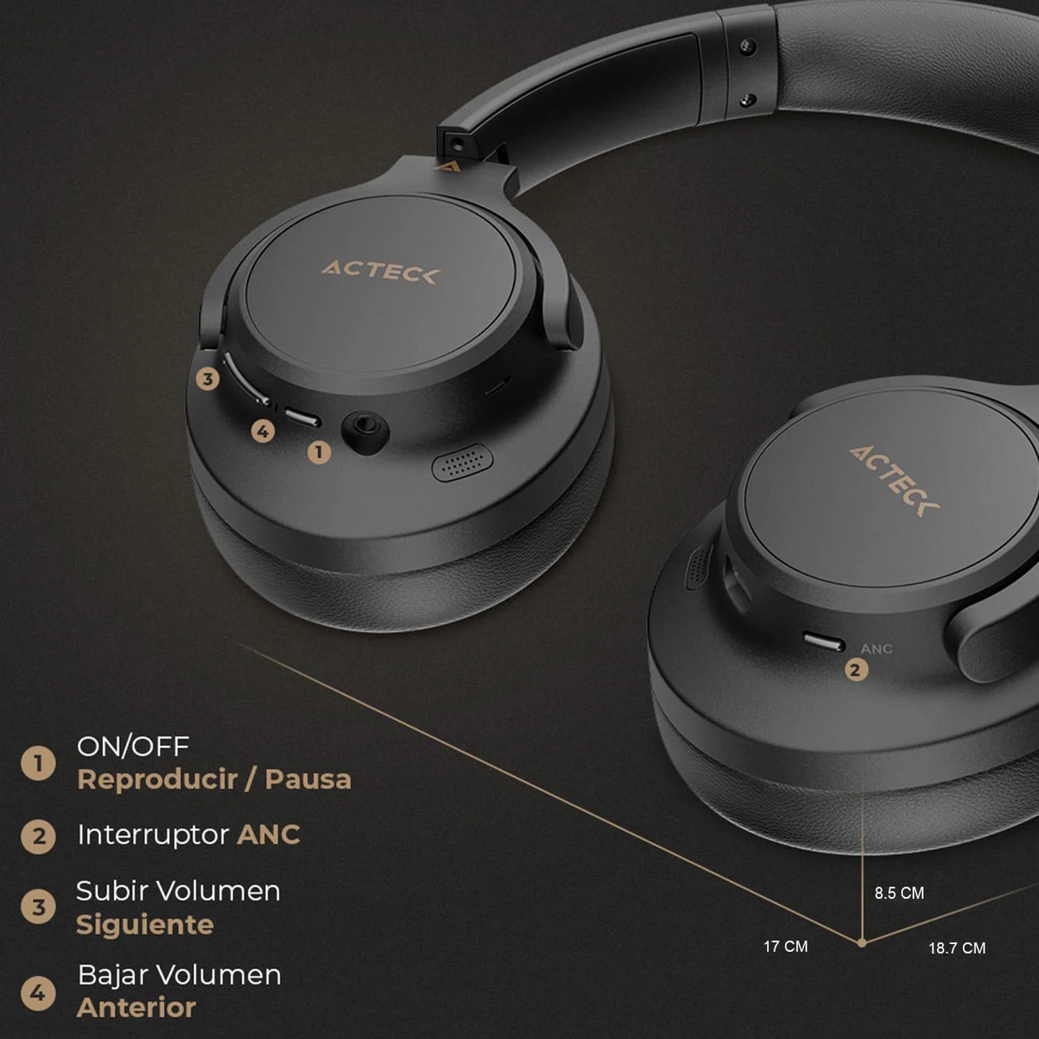 Audifonos Diadema Inalambrica ACTECK HYPE EPIC HP750 Microfono Integrado 3.5mm + BT Negro AC-940856 - Image 4
