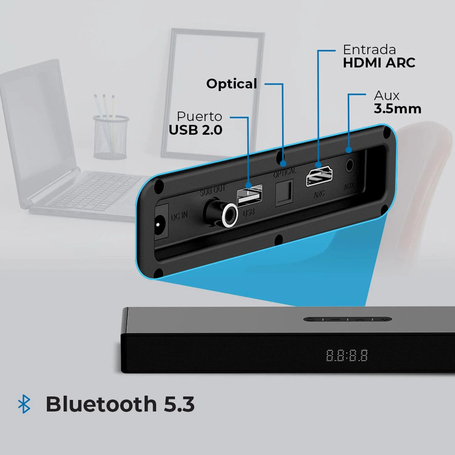 Barra de Sonido ACTECK DYNAMIC THIN BS600 Inalambrico Sonido 2.1 Bluetooth 5.3 60W RMS Control Remoto Negro AC-940801 - Image 2
