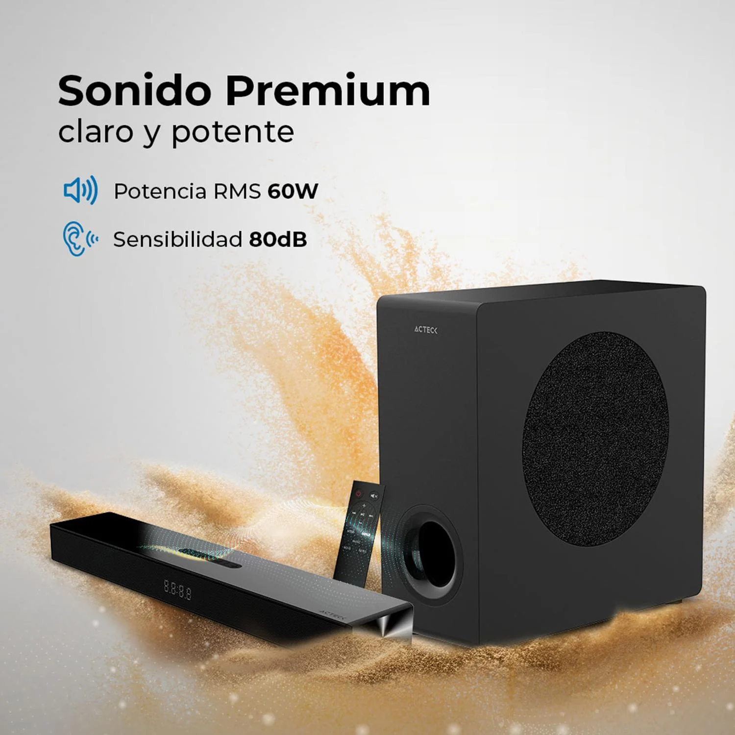 Barra de Sonido ACTECK DYNAMIC THIN BS600 Inalambrico Sonido 2.1 Bluetooth 5.3 60W RMS Control Remoto Negro AC-940801 - Image 3