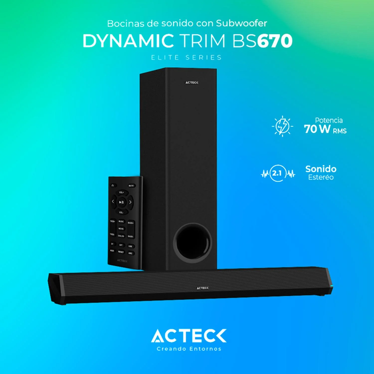 Barra de Sonido ACTECK DYNAMIC TRIM BS670 Subwoofer Alambrico 70w Negro AC-935913 - Image 3