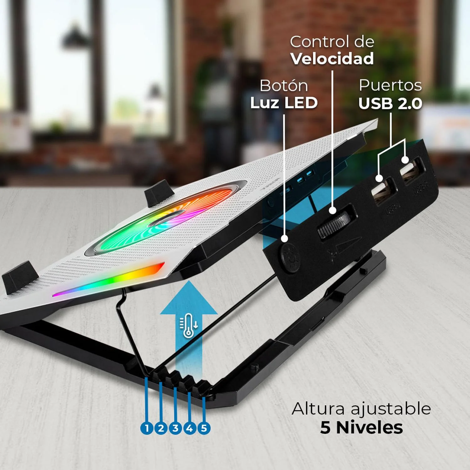Base Enfriadora ACTECK FROOST EPIC BE670 Laptop 15.6 pulgadas Altura Ajustable 5 Fan 2xUSB LED AC-940764 - Image 4