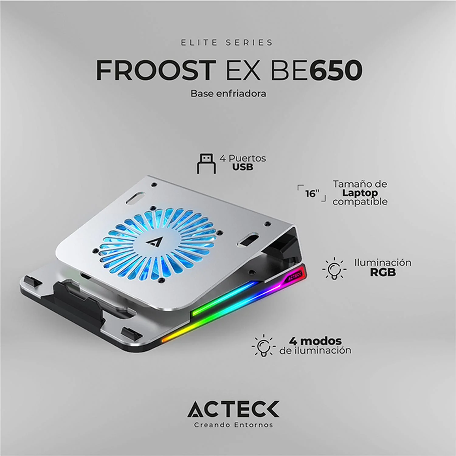 Base Enfriadora ACTECK FROOST EX BE650 RGB Laptop Plateado AC-936156 - Image 3