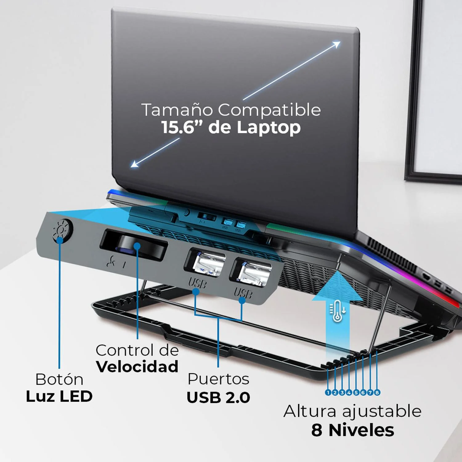 Base Enfriadora ACTECK FROOST RAW BE630 Laptop 15.6 pulgadas Altura Ajustable 6 Fan 2xUSB LED AC-940771 - Image 5