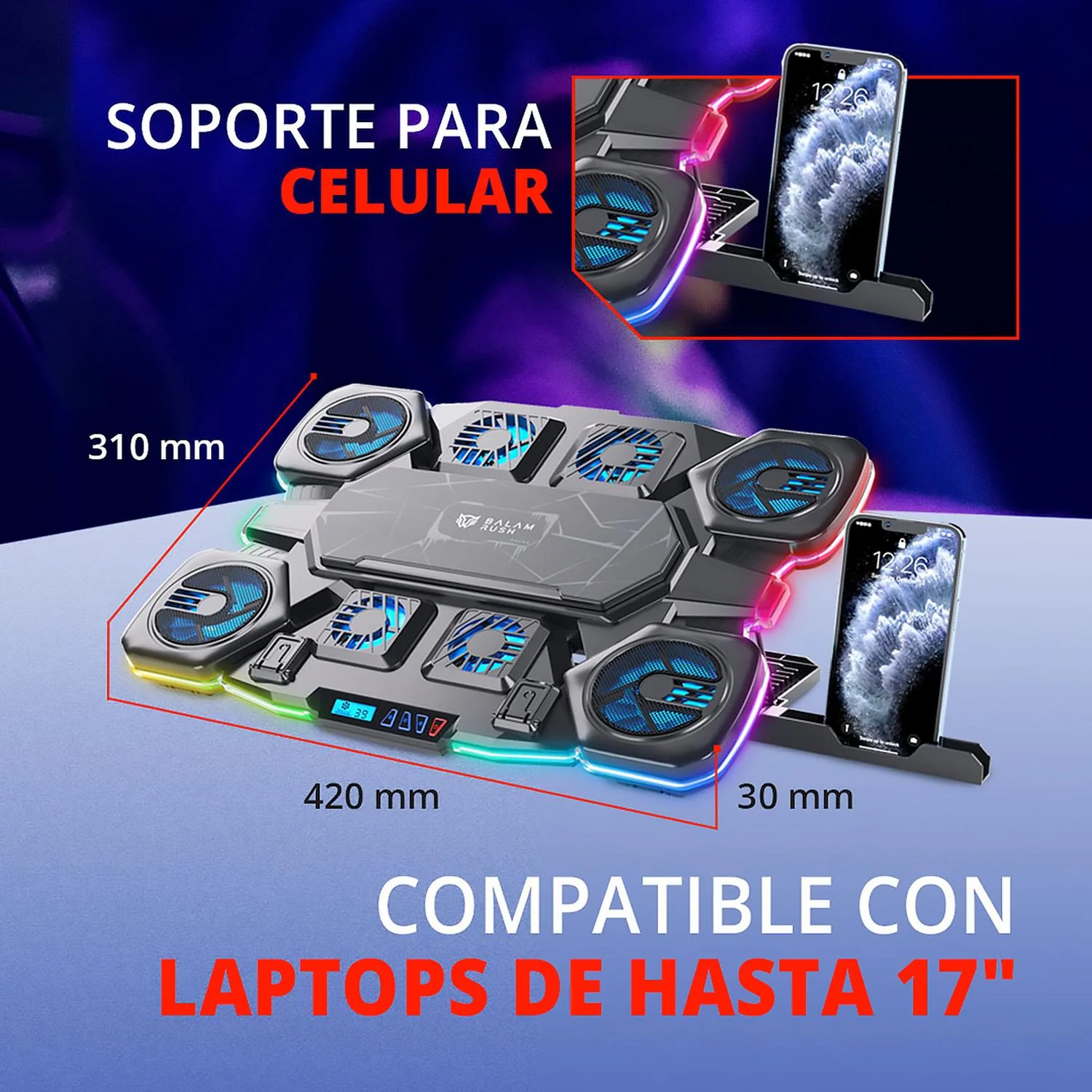 Base Enfriadora BALAM RUSH EOLOX CRYOTECH EF780 Laptop 17 pulgadas 8 Fan Negro BR-941112 - Image 3