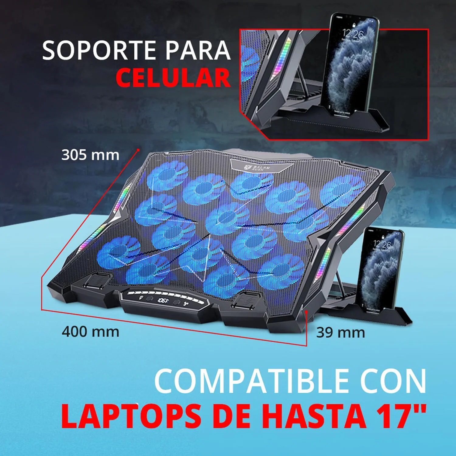 Base Enfriadora BALAM RUSH EOLOX FROST EF740 Laptop 17 pulgadas Altura Ajustable 15 Fan USB-C LED BR-941136 - Image 3
