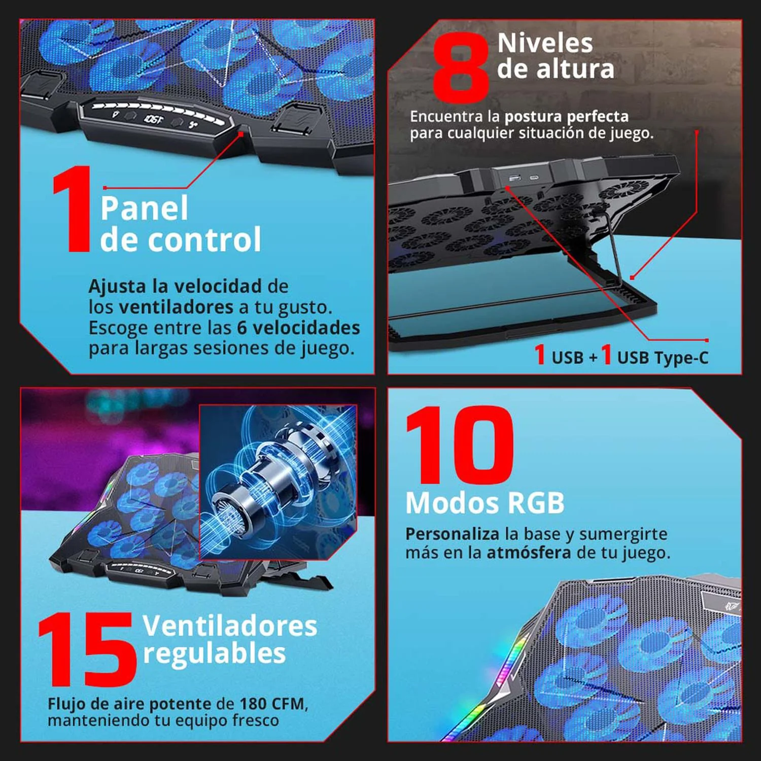 Base Enfriadora BALAM RUSH EOLOX FROST EF740 Laptop 17 pulgadas Altura Ajustable 15 Fan USB-C LED BR-941136 - Image 5