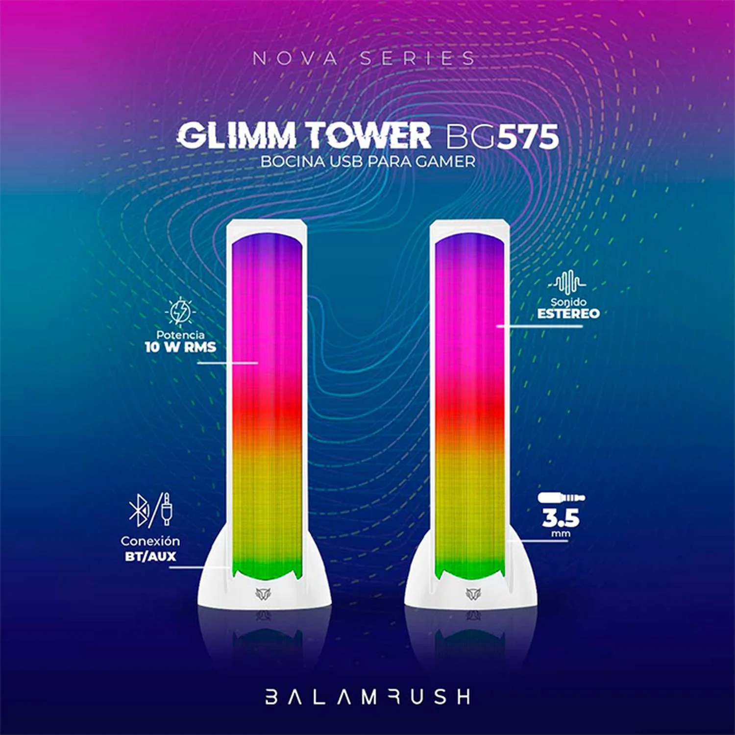 Bocina Gamer BALAM RUSH GLIMM TOWER BG575 LED Bluetooth 3.5mm Blanco BR-936989 - Image 3
