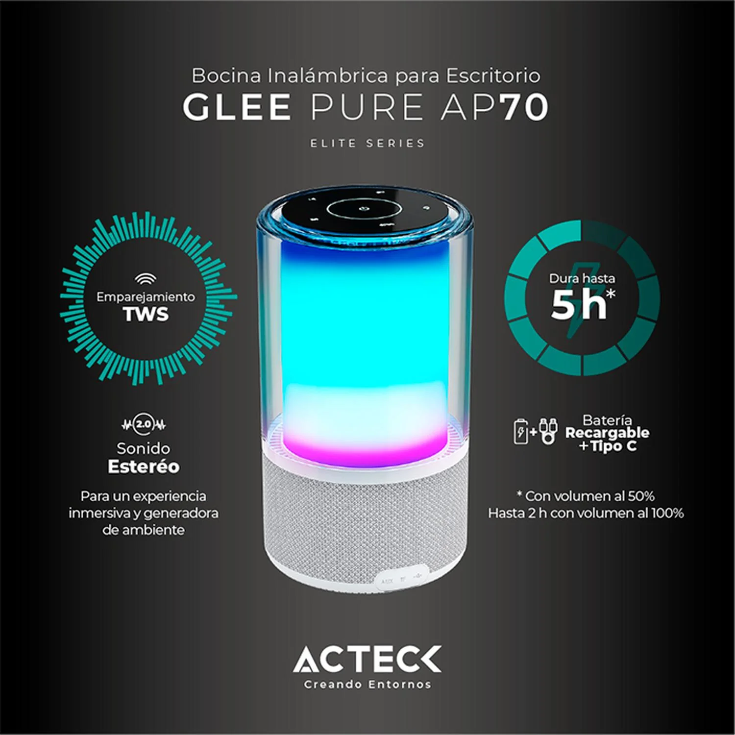 Bocina Portatil ACTECK GLEE PURE AP70 Inalambrica Luz LED Tws Blanco AC-936392 - Image 5