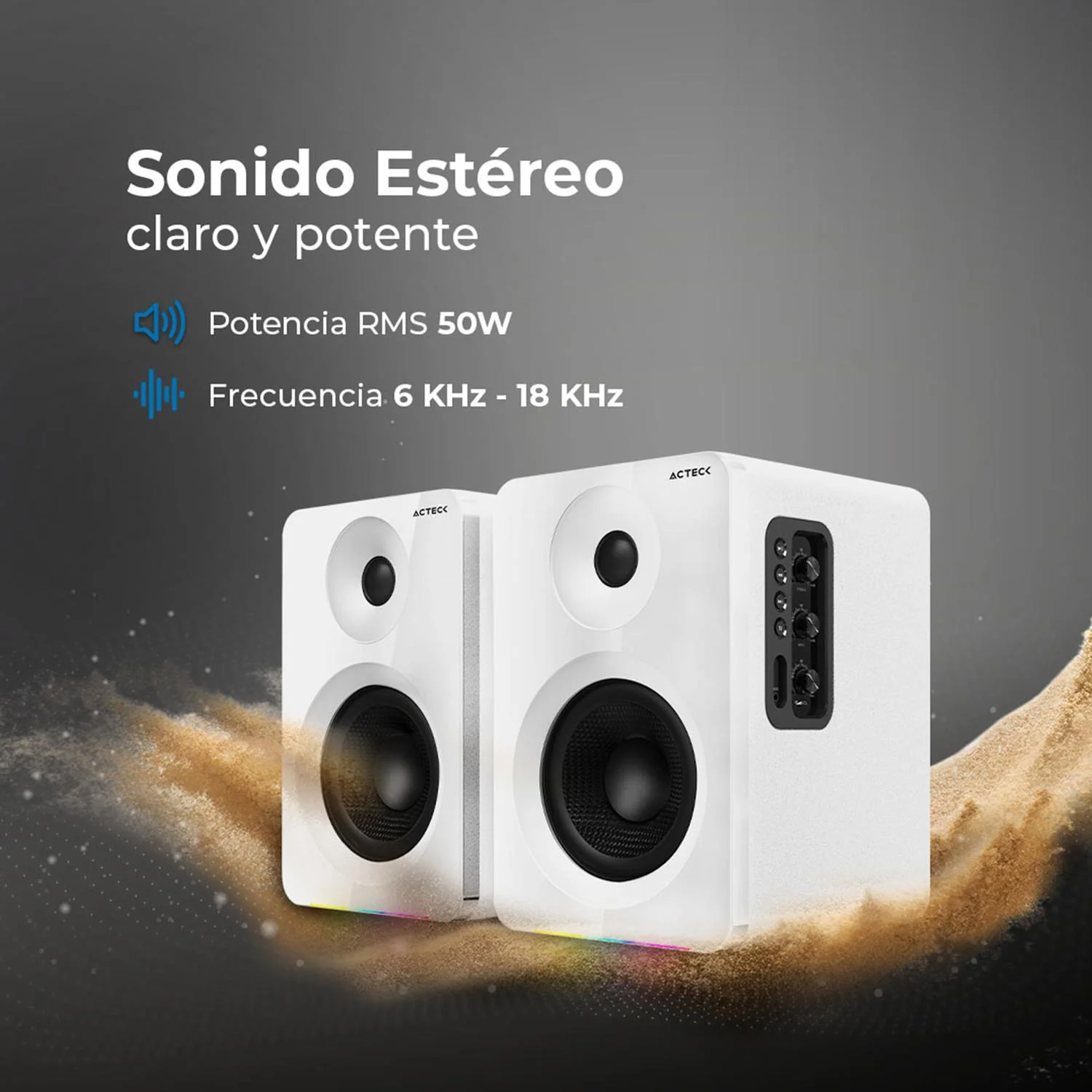 Bocinas ACTECK DYNAMIC EXACT R BS700 Inalambrico Sonido 2.0 Bluetooth 5.3 50W RMS Iluminacion RGB Blanco AC-940825 - Image 2