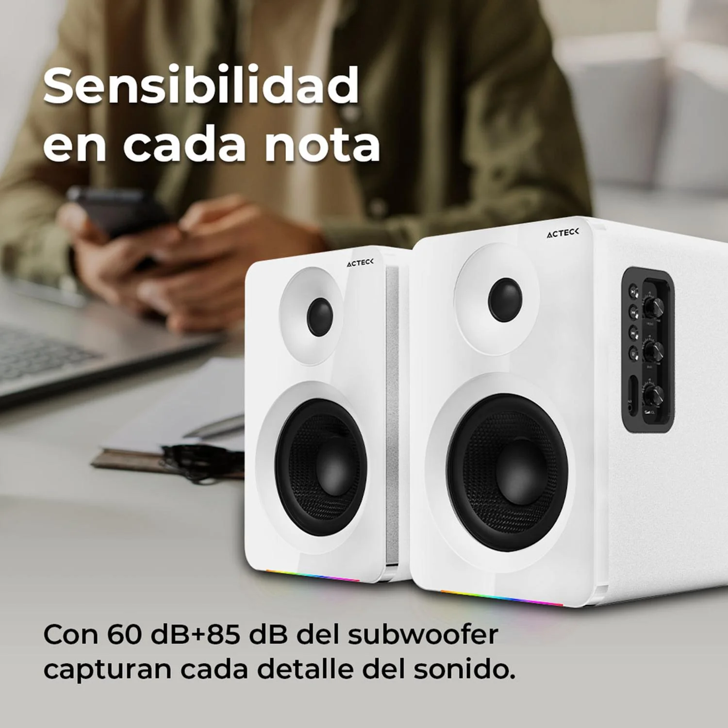 Bocinas ACTECK DYNAMIC EXACT R BS700 Inalambrico Sonido 2.0 Bluetooth 5.3 50W RMS Iluminacion RGB Blanco AC-940825 - Image 3