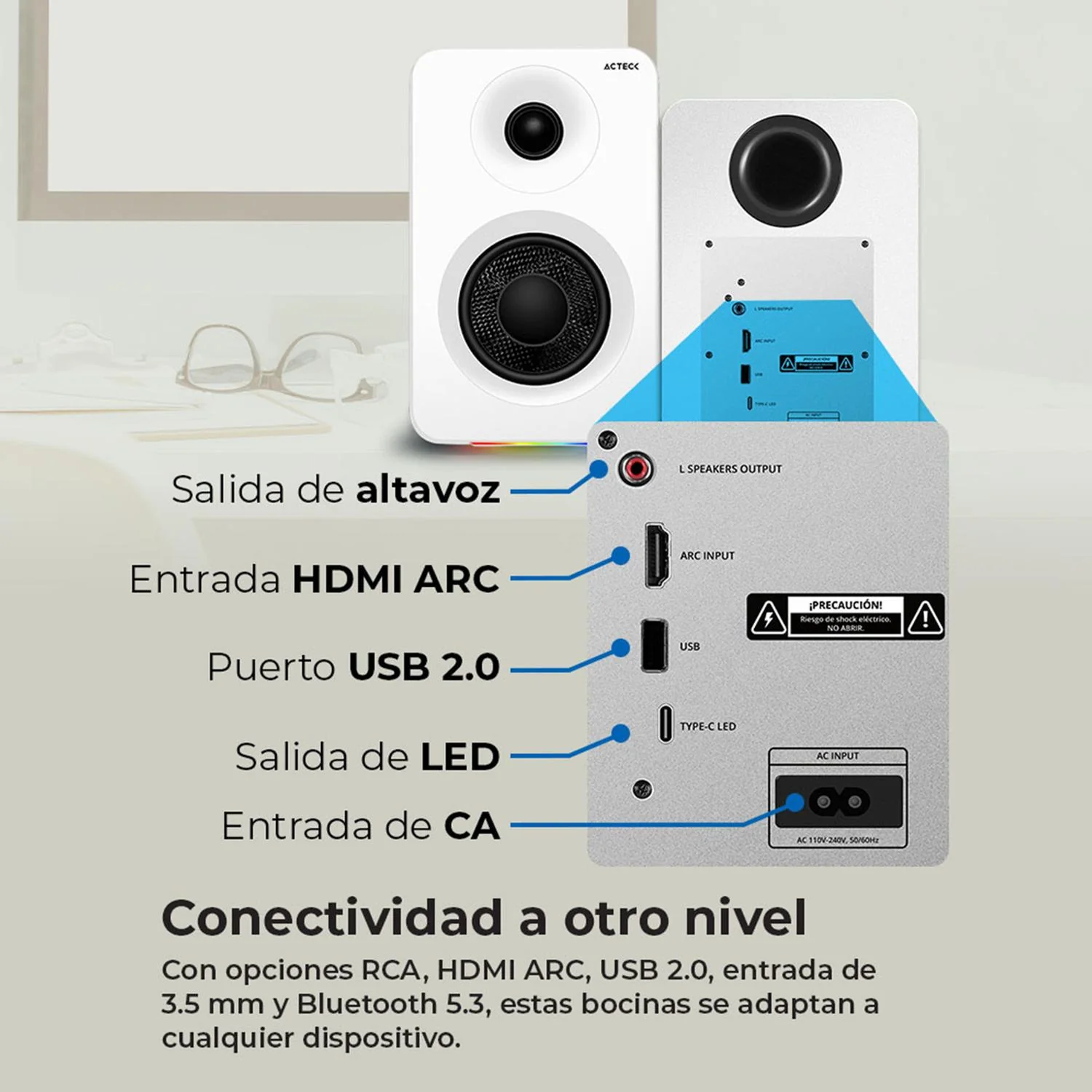 Bocinas ACTECK DYNAMIC EXACT R BS700 Inalambrico Sonido 2.0 Bluetooth 5.3 50W RMS Iluminacion RGB Blanco AC-940825 - Image 4
