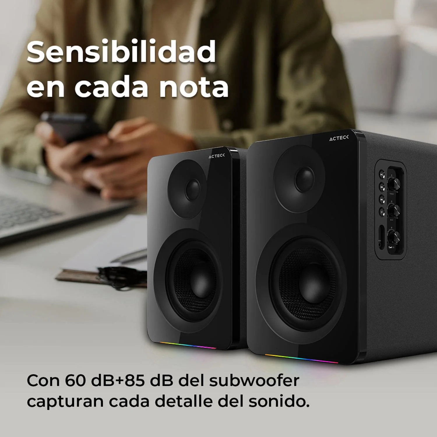 Bocinas ACTECK DYNAMIC EXACT R BS700 Inalambrico Sonido 2.0 Bluetooth 5.3 50W RMS Iluminacion RGB Negro AC-940818 - Image 2