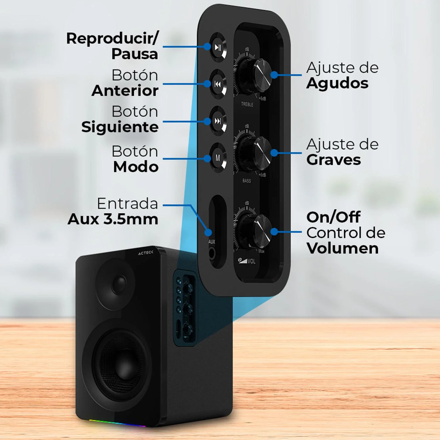 Bocinas ACTECK DYNAMIC EXACT R BS700 Inalambrico Sonido 2.0 Bluetooth 5.3 50W RMS Iluminacion RGB Negro AC-940818 - Image 3