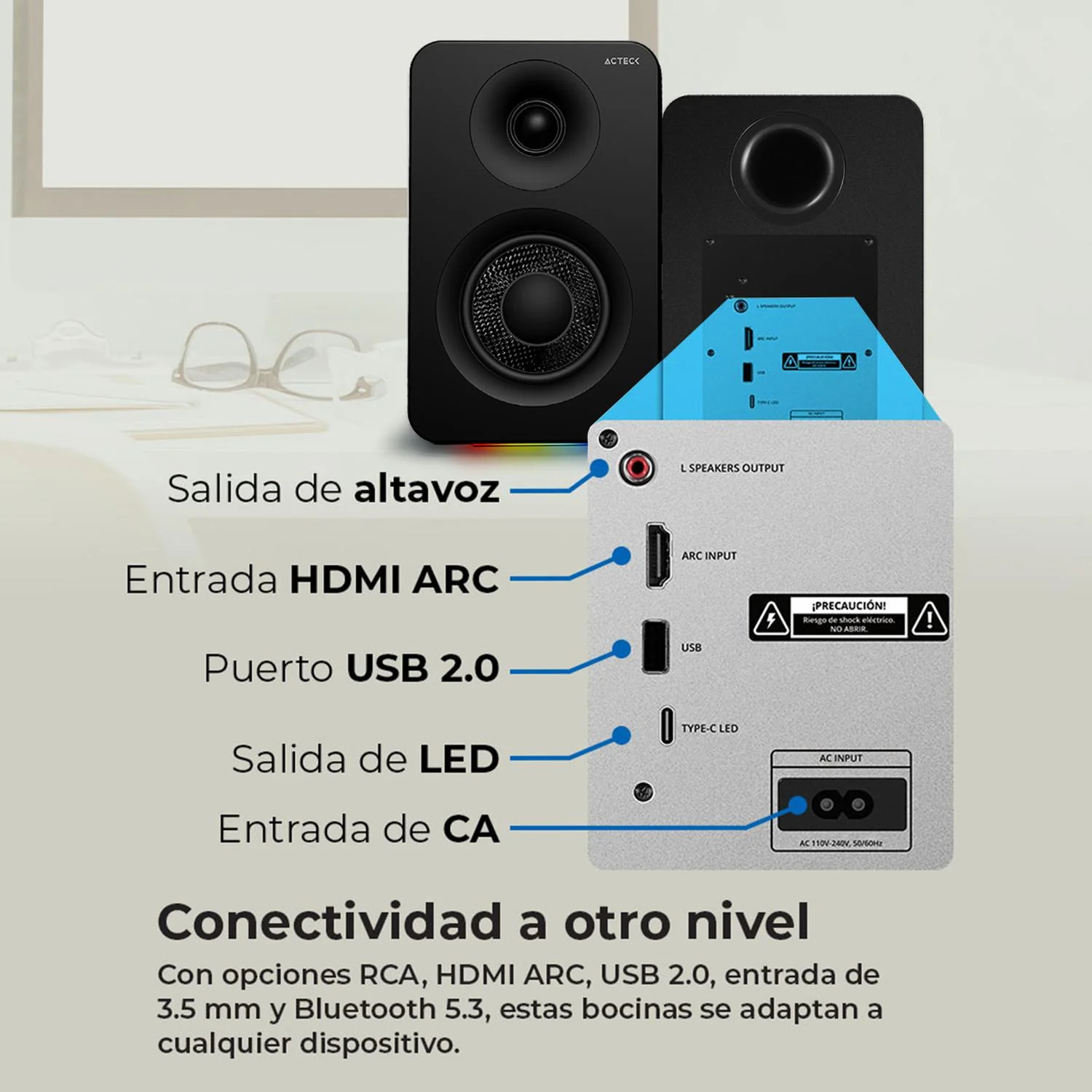 Bocinas ACTECK DYNAMIC EXACT R BS700 Inalambrico Sonido 2.0 Bluetooth 5.3 50W RMS Iluminacion RGB Negro AC-940818 - Image 5