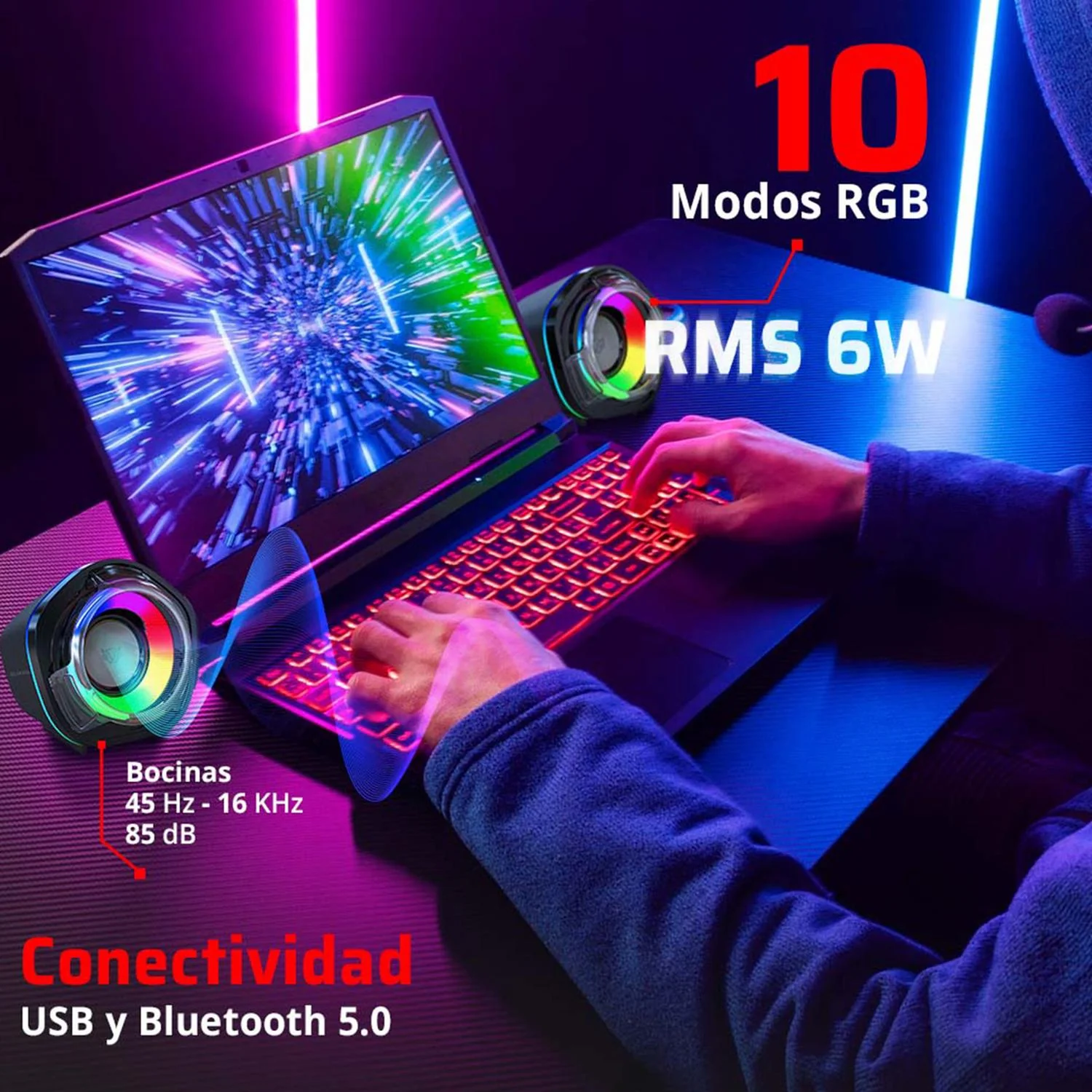 Bocinas Gamer BALAM RUSH GLIMM PENTA BG545 Inalambrica RGB Sonido Estereo 2.0 USB + Bluetooth 5.0 Negro BR-941228 - Image 4