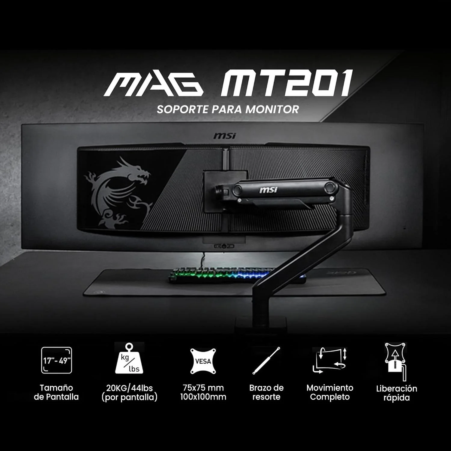 Soporte articulado Brazo para Monitor MSI MAG MT201 Hasta 49 pulgadas Negro - Image 2
