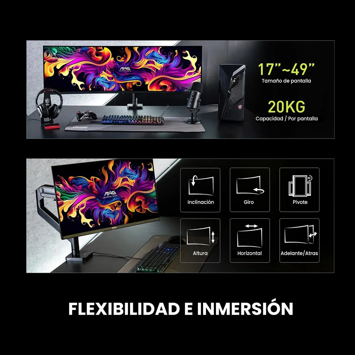 Soporte articulado Brazo para Monitor MSI MAG MT201 Hasta 49 pulgadas Negro - Image 3
