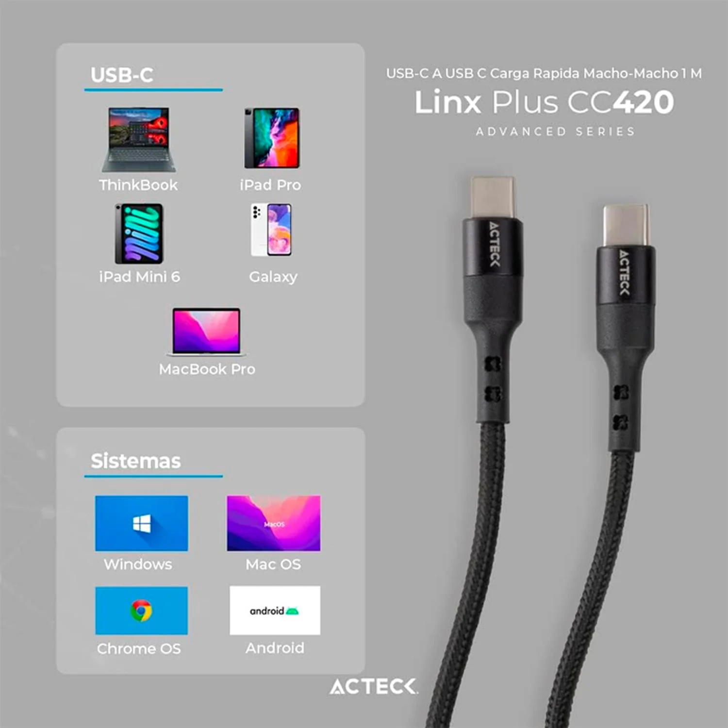Cable ACTECK LINX PLUS CC420 USB C a USB C 1 Metro Negro AC-934855 - Image 3