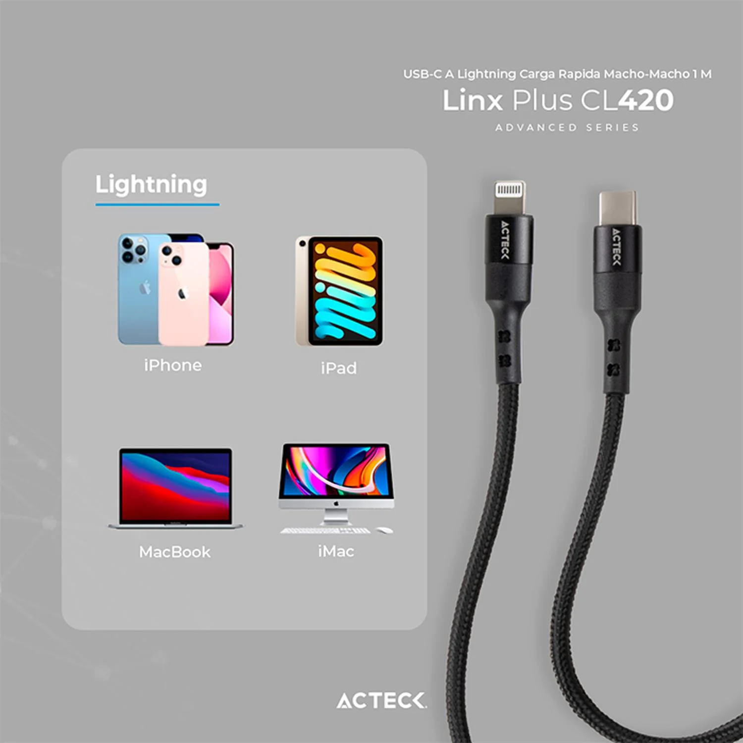 Cable ACTECK LINX PLUS CL420 USB C a LIGHTNING 1 Metro Negro AC-934862 - Image 4