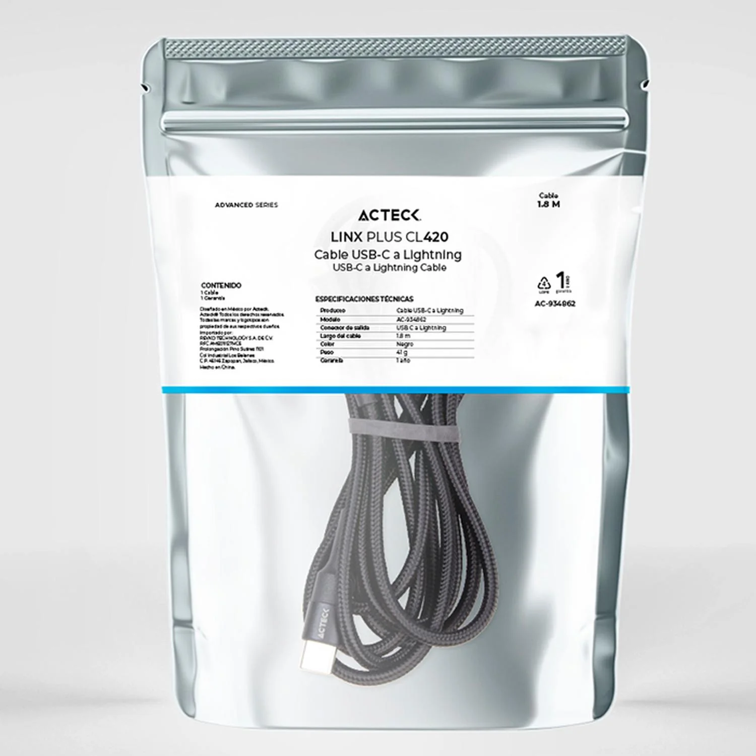 Cable ACTECK LINX PLUS CL420 USB C a LIGHTNING 1 Metro Negro AC-934862 - Image 5
