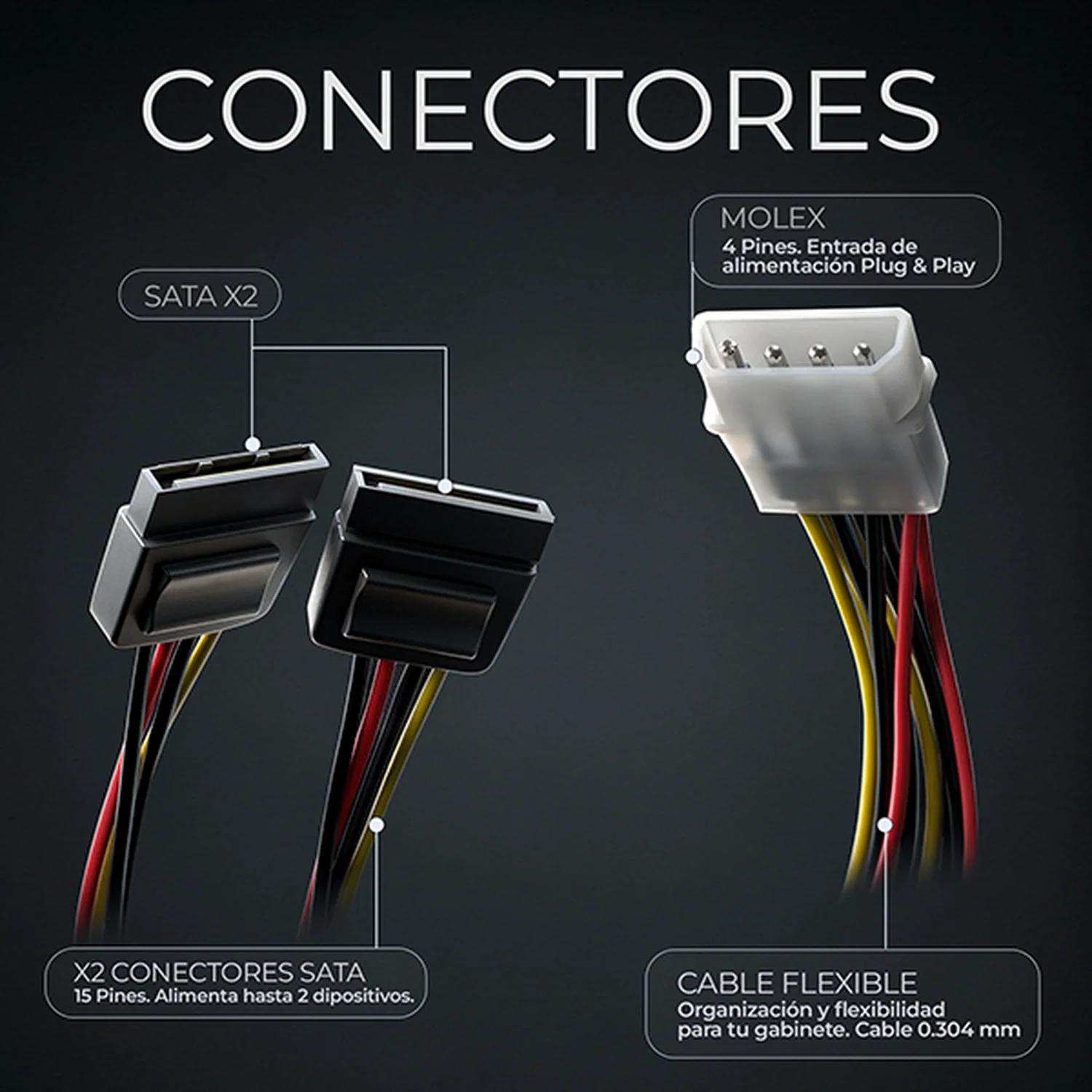 Cable de Poder XTREME PC GAMING 2x SATA Macho a Molex 4 Pines Hembra 15 cm - Image 3