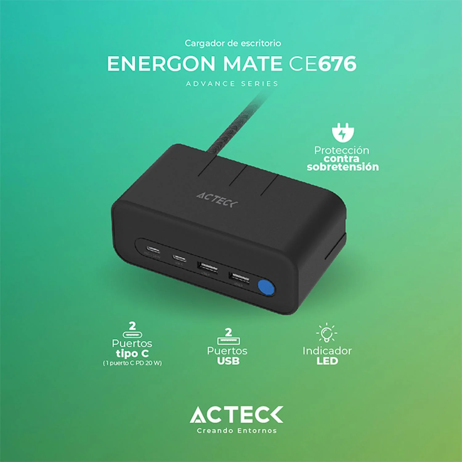 Cargador de Escritorio ACTECK ENERGON MATE CE676 3 Conectores + 2 USB + USB-C Negro AC-936514 - Image 3