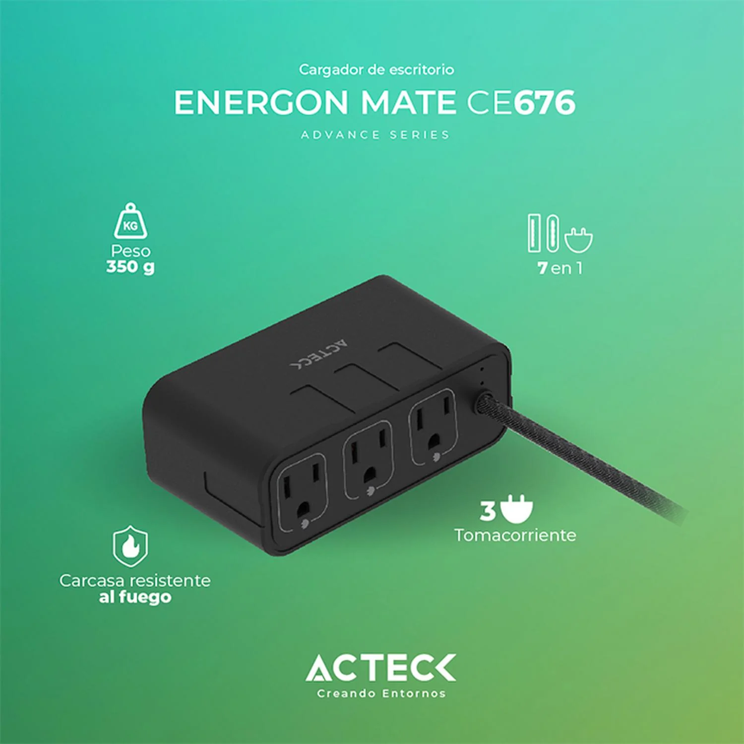 Cargador de Escritorio ACTECK ENERGON MATE CE676 3 Conectores + 2 USB + USB-C Negro AC-936514 - Image 4