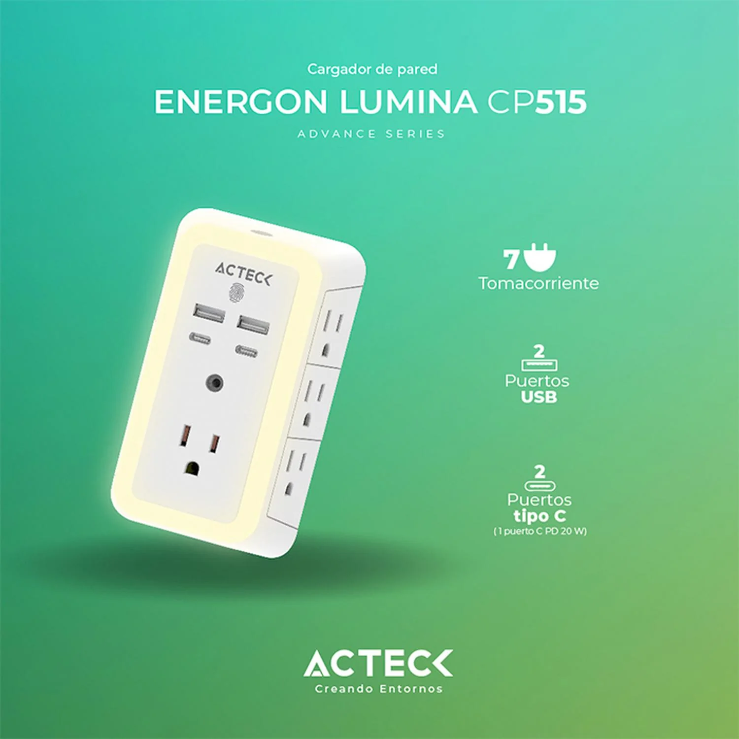 Cargador de Pared 20w ACTECK ENERGON LUMINA CP515 7 Conectores + 2x USB + 2x USB-C Sensor Touch Blanco AC-936484 - Image 3