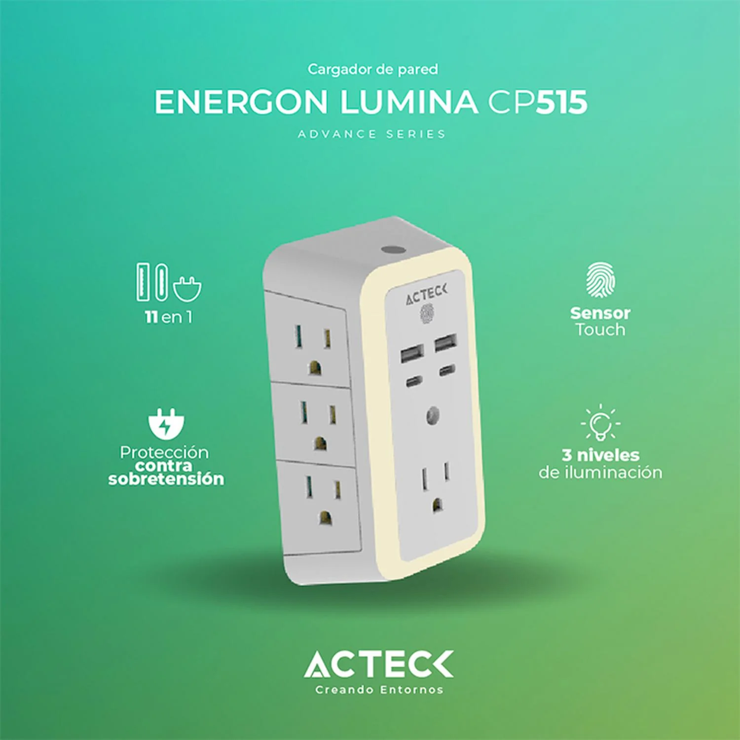 Cargador de Pared 20w ACTECK ENERGON LUMINA CP515 7 Conectores + 2x USB + 2x USB-C Sensor Touch Blanco AC-936484 - Image 4