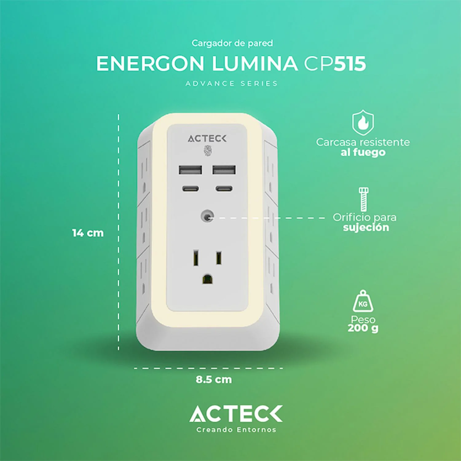 Cargador de Pared 20w ACTECK ENERGON LUMINA CP515 7 Conectores + 2x USB + 2x USB-C Sensor Touch Blanco AC-936484 - Image 5