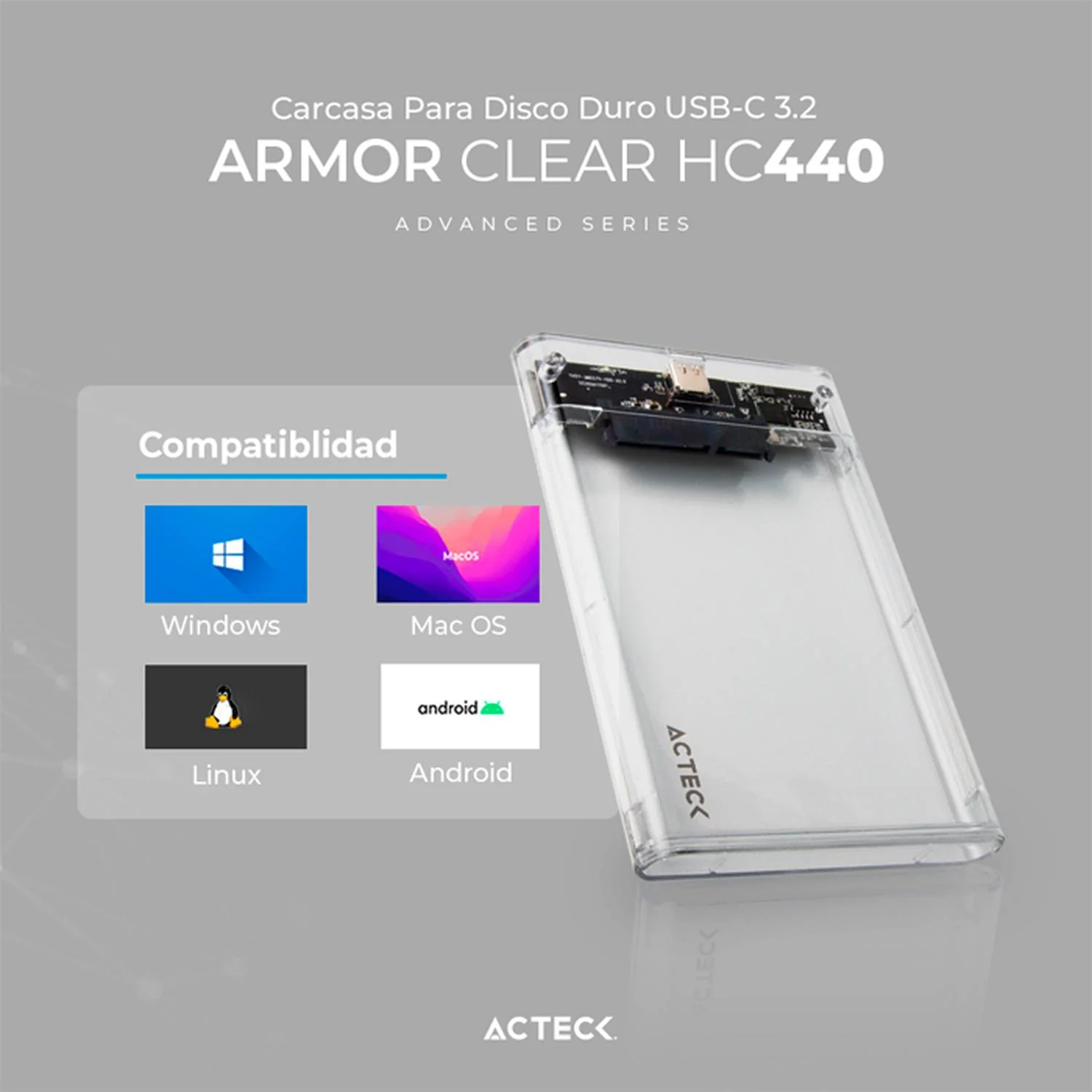 Case Enclosure ACTECK ARMOR CLEAR HC440 5 Gbps SATA 2.5 USB-C Blanco AC-934695 - Image 5