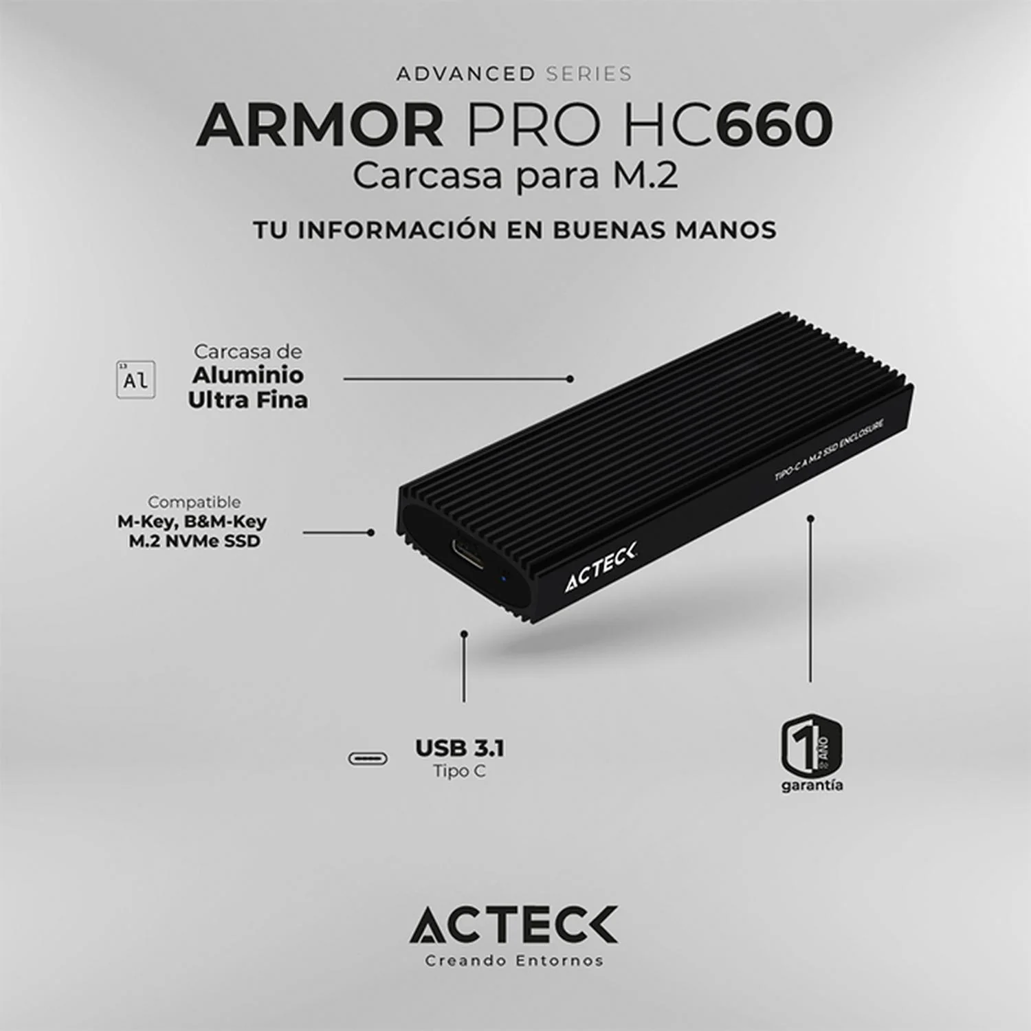 Case Enclosure ACTECK ARMOR PRO HC660 10 GBbps M.2 USB-C Negro AC-936453 - Image 4